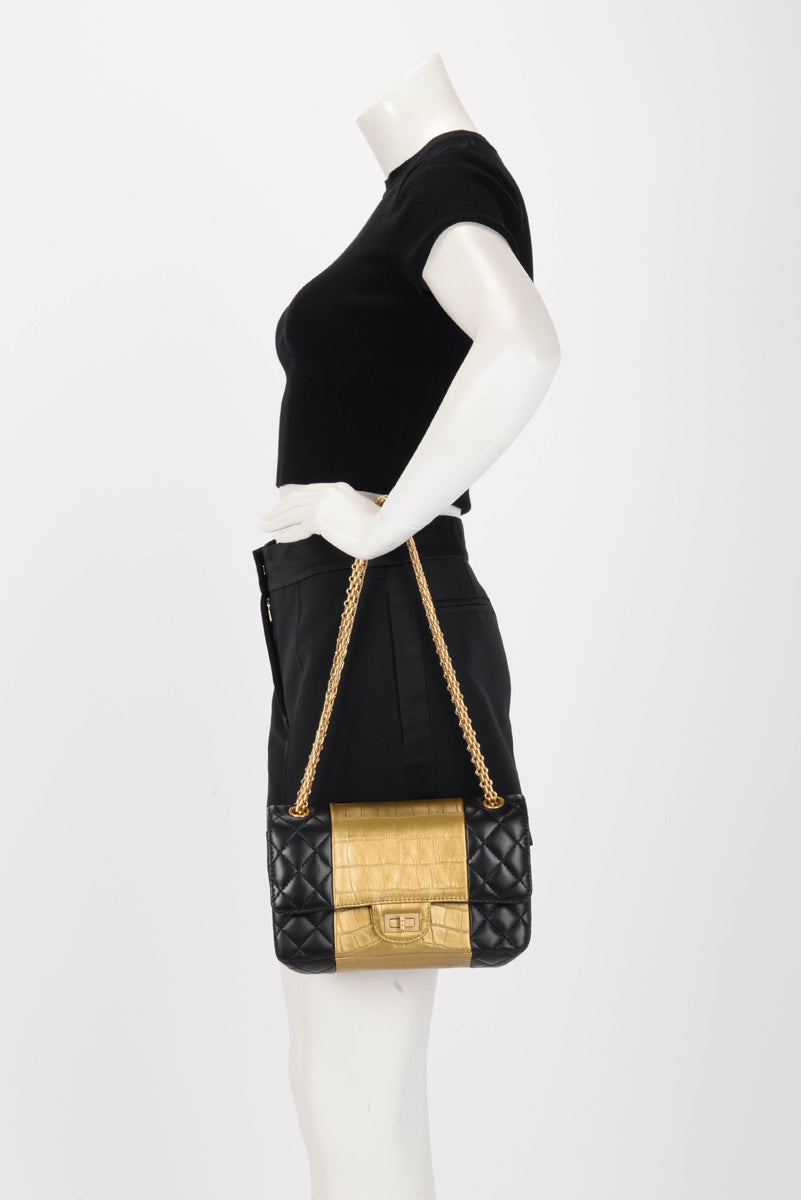 Chanel Black Lambskin Croc Embossed 2.55 Reissue 225 Flap Bag