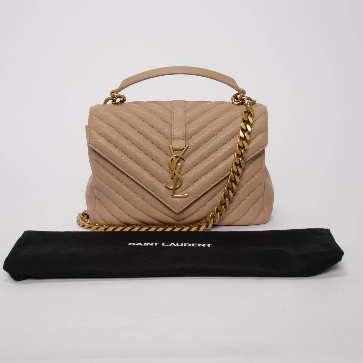 Saint Laurent Beige Chevron Calfskin Medium College Bag