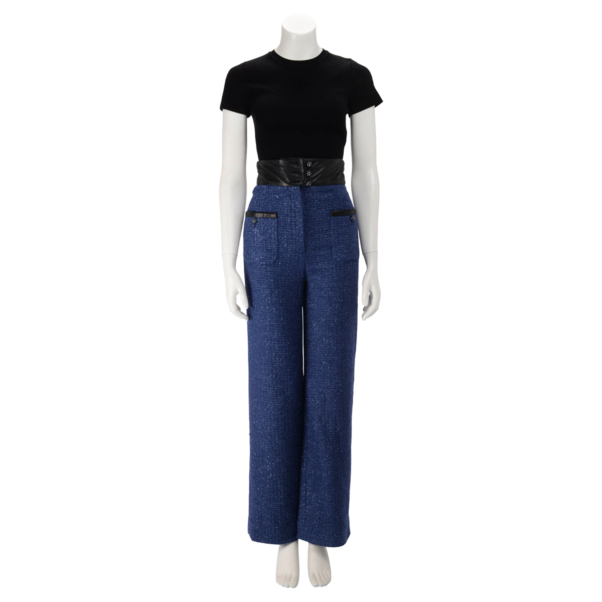 Chanel Blue Glitter Tweed & Leather Wide Leg Pants FR 34