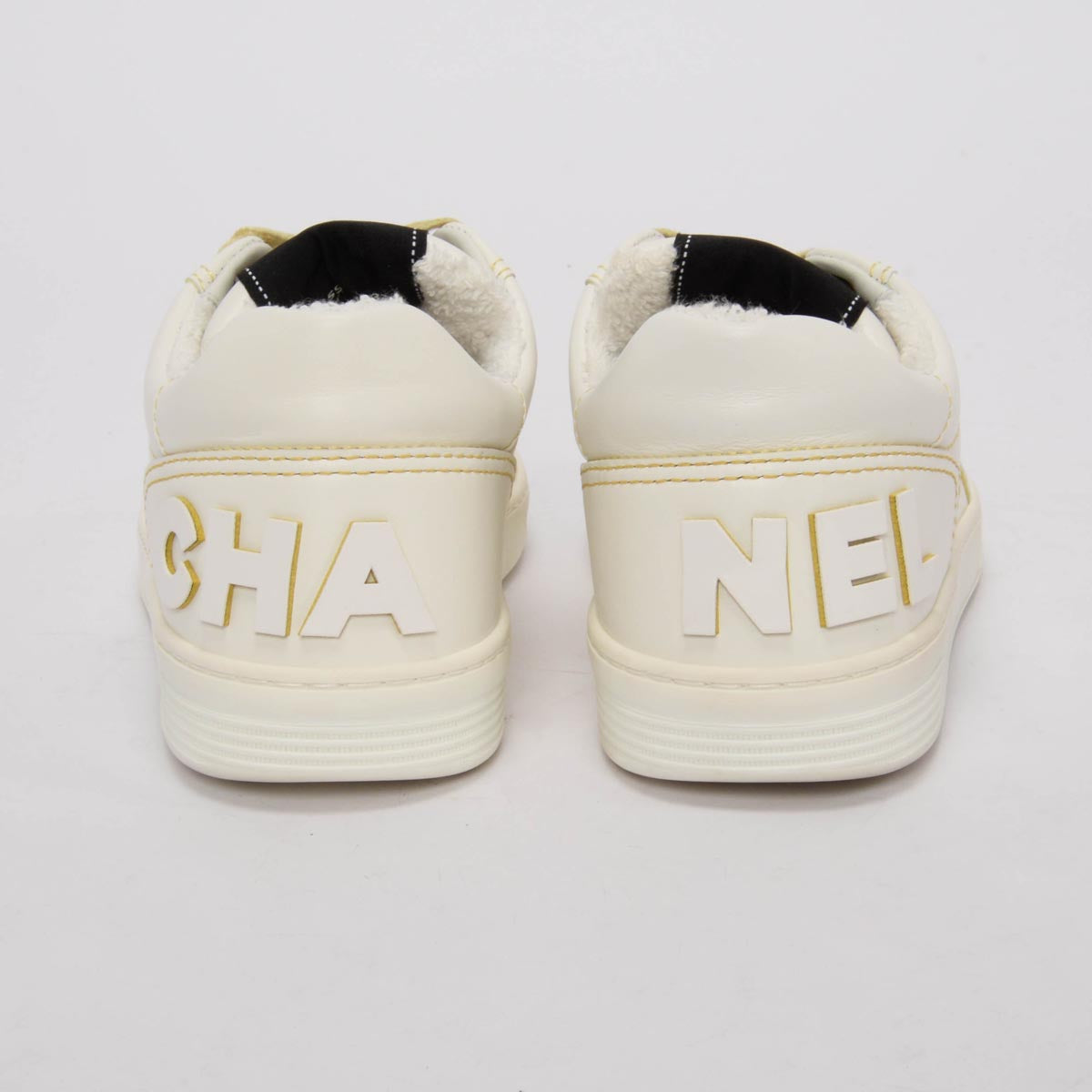 Chanel White & Yellow Calfskin Logo Sneakers 37.5