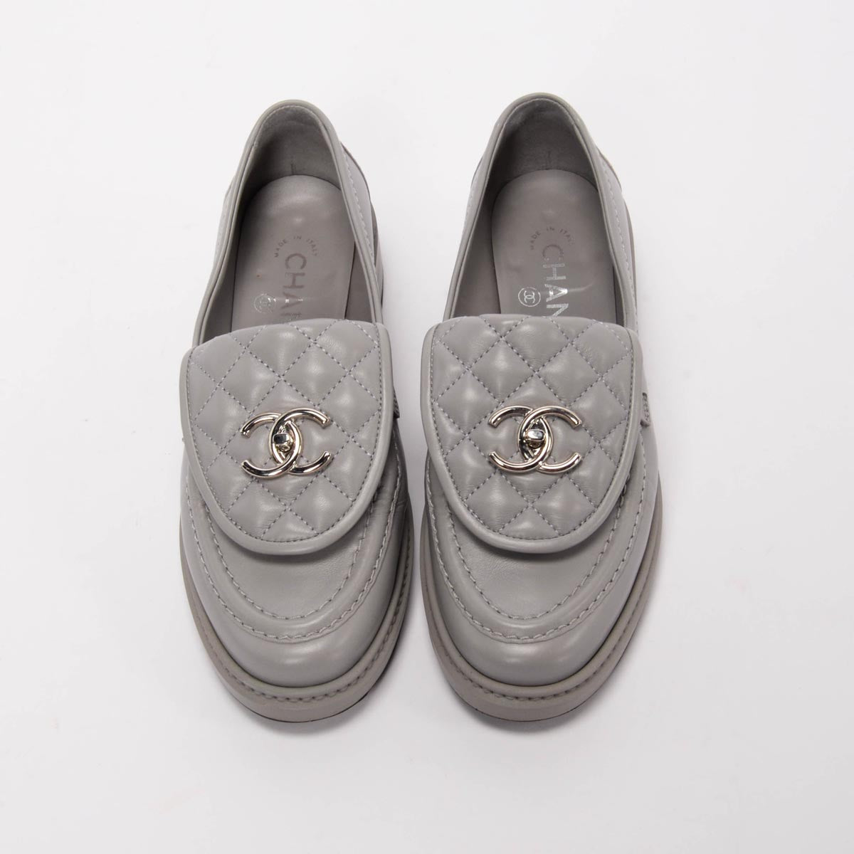 Chanel Grey Lambskin CC Turnlock Loafers 37.5