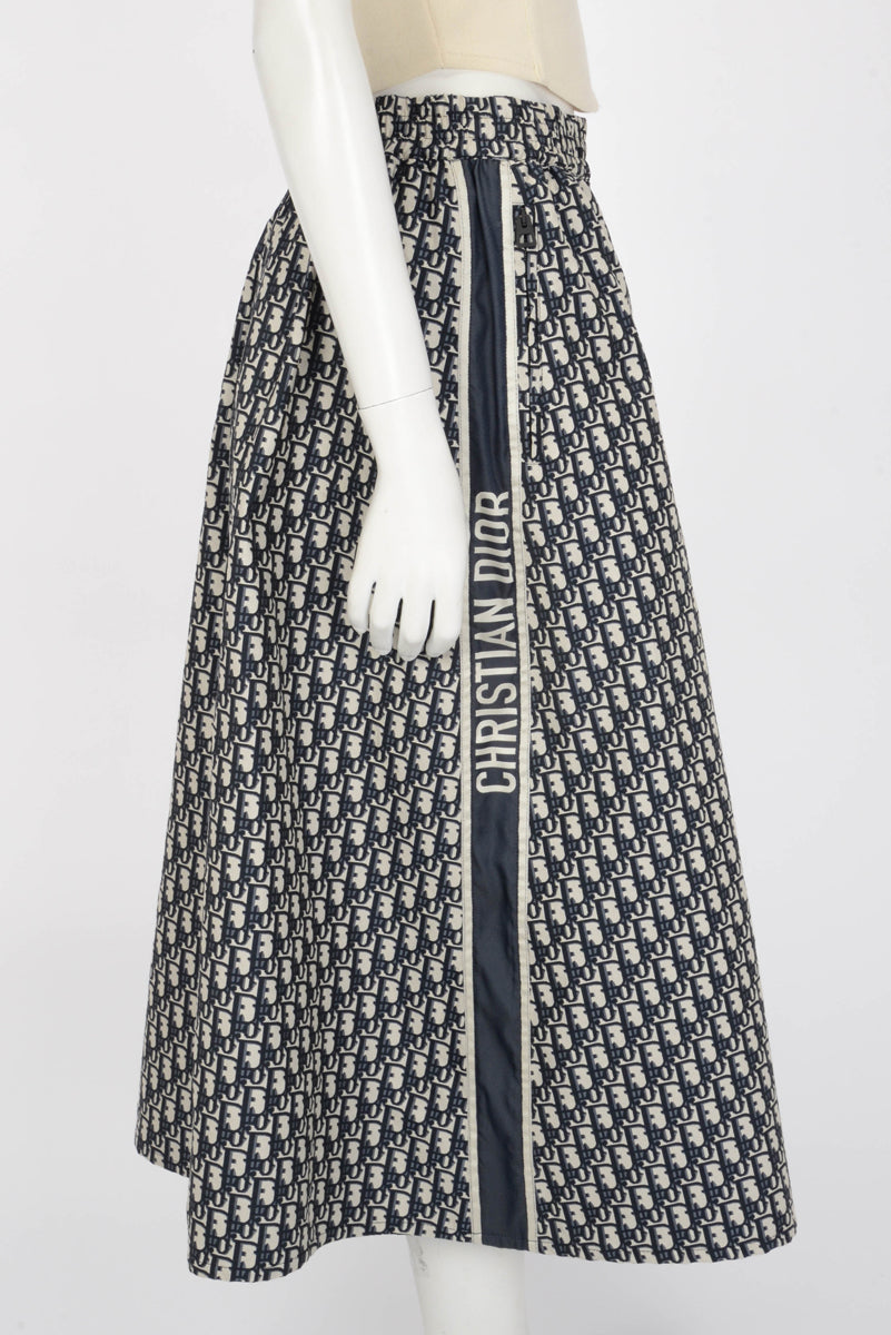 Dior Navy Technical Taffeta Oblique Logo Stripe Skirt FR 40