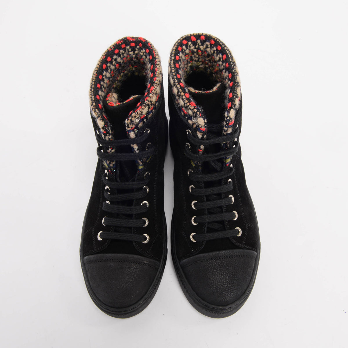 Chanel Black Suede Tweed Trim High-Top Sneakers 38