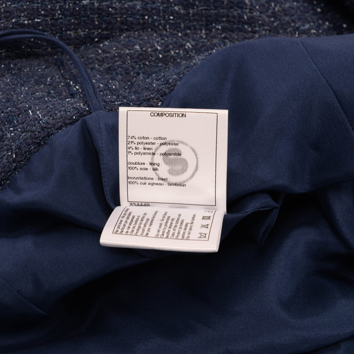 Chanel Blue Glitter Tweed & Leather Wide Leg Pants FR 34