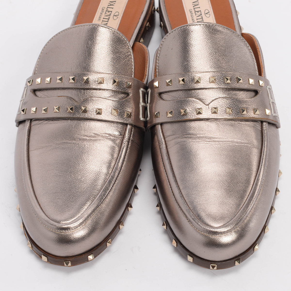 Valentino Bronze Leather Micro Rockstud Mules 37