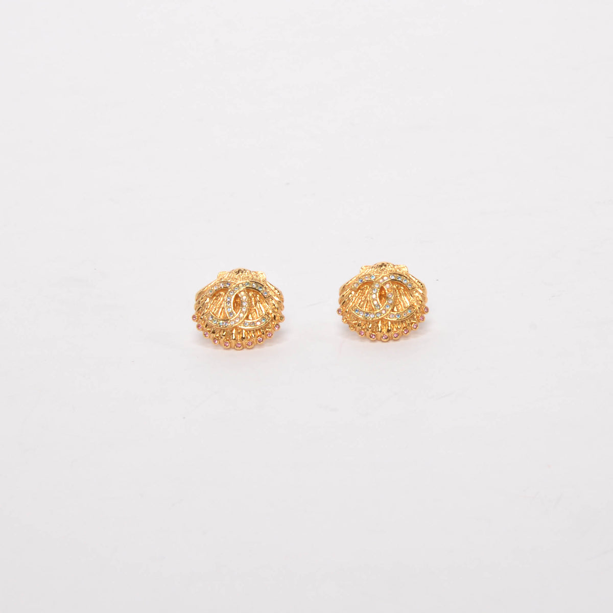 Chanel Gold Crystal CC Shell Earrings