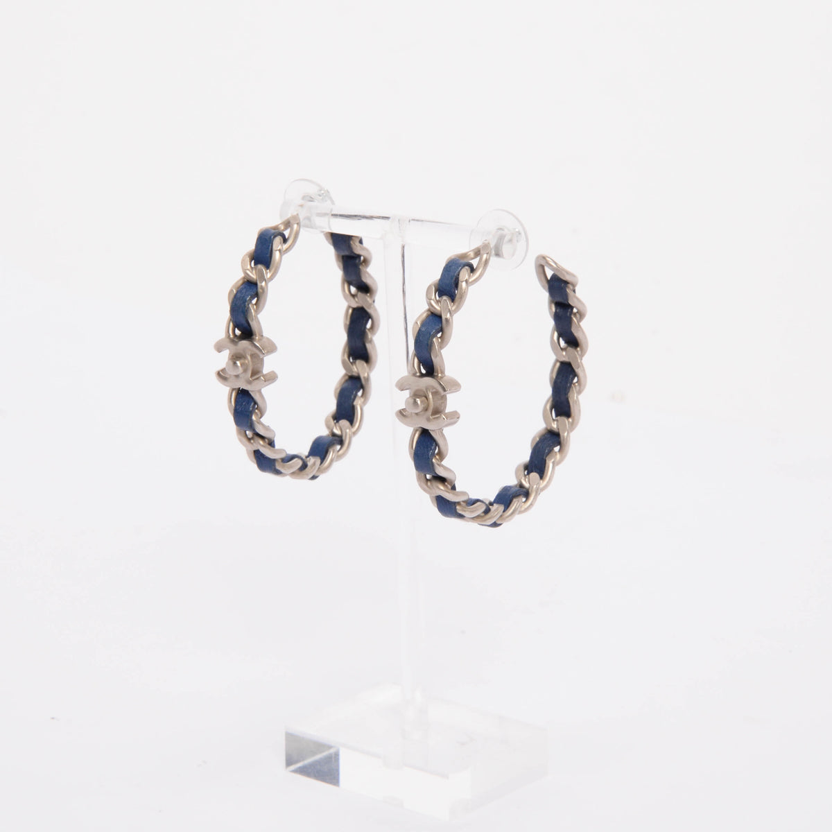 Chanel Blue Leather CC Turnlock Chain Hoop Earrings