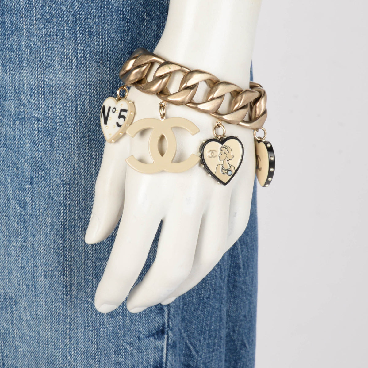 Chanel Light Gold Enamel & Pearl CC Motif Bracelet