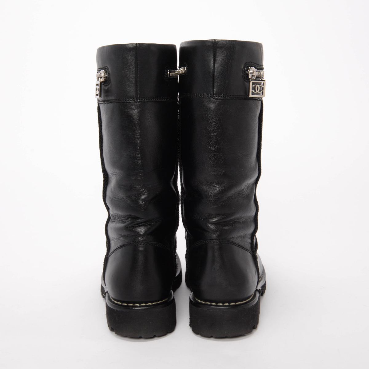 Chanel Black Calfskin Motorcycle Zipper Boots 36