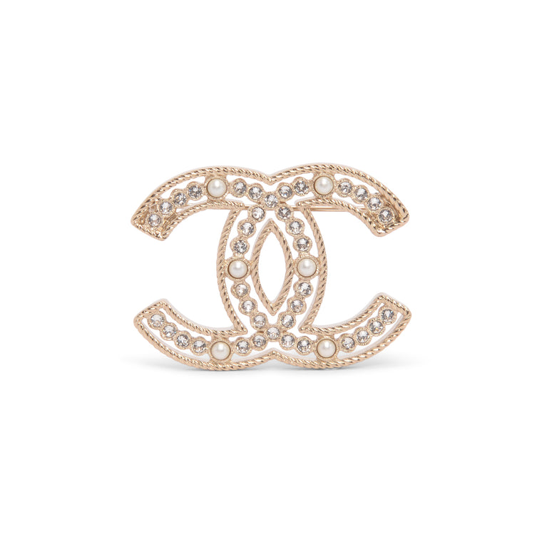 Chanel Light Gold Pearl & Crystal CC Brooch