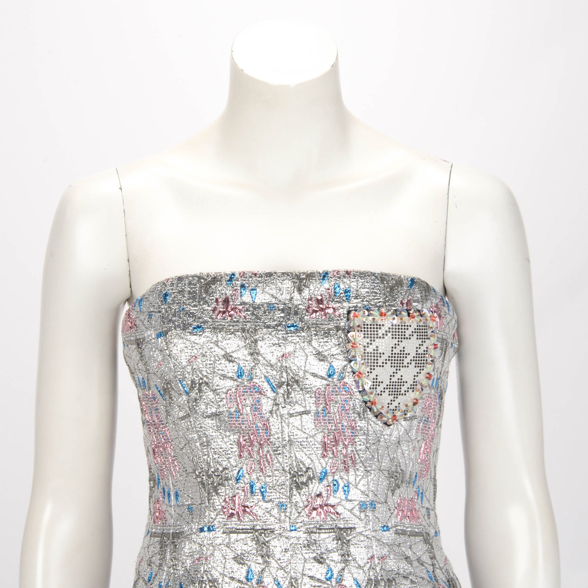 Dior Silver Floral Embroidered Bustier Badge Evening Dress FR 38