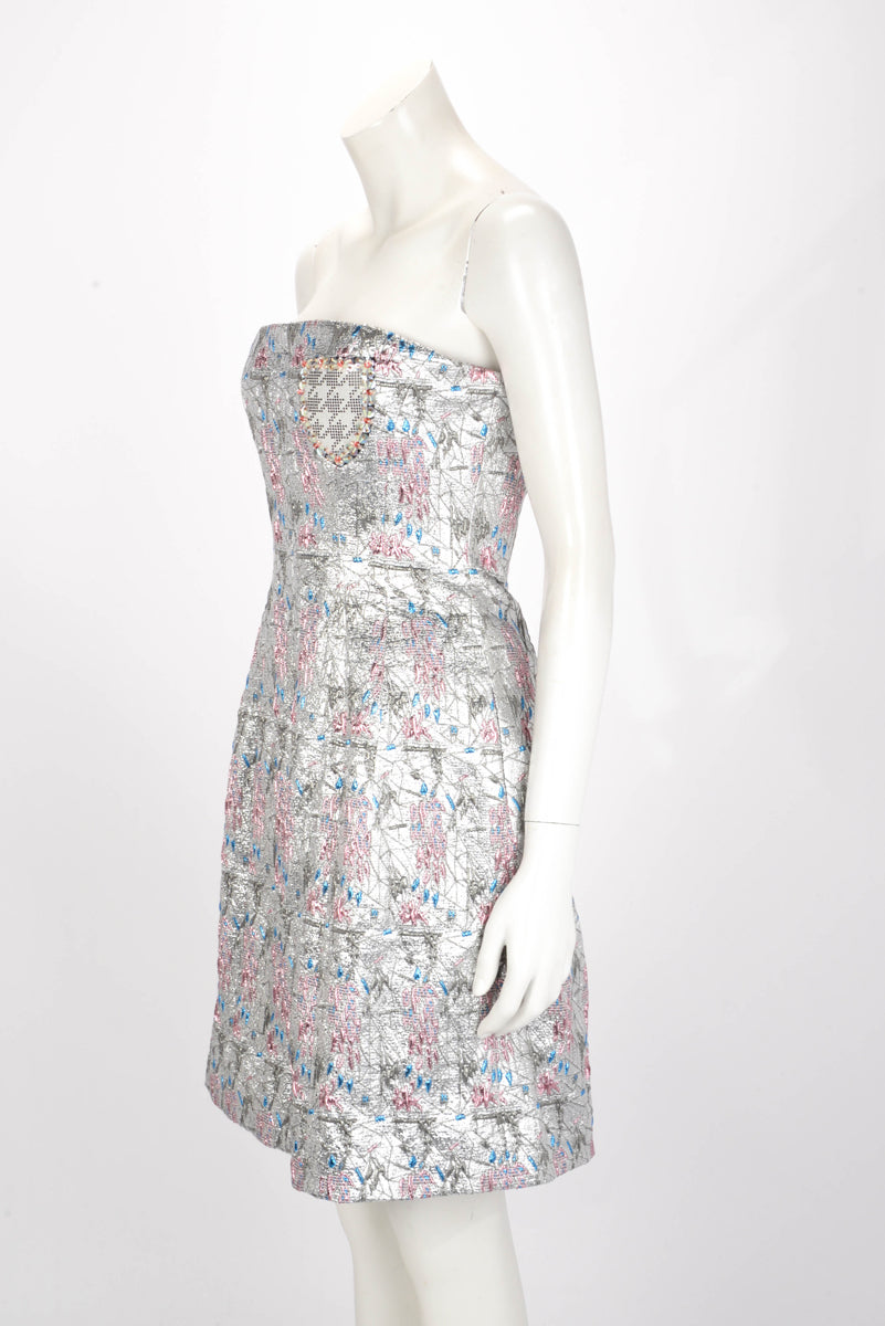 Dior Silver Floral Embroidered Bustier Badge Evening Dress FR 38