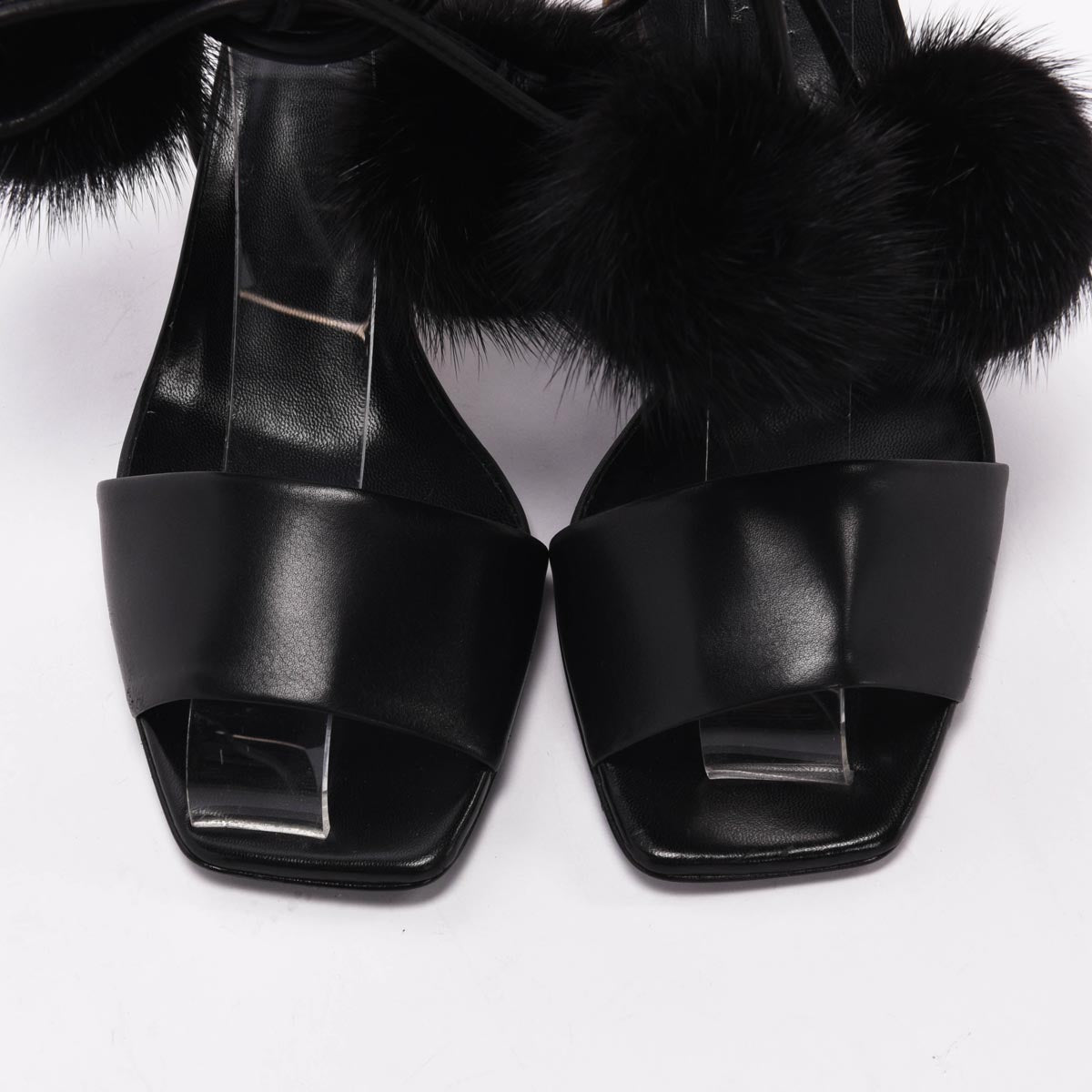 Gucci Black Fur Heloise Pom Pom Sandals 35.5