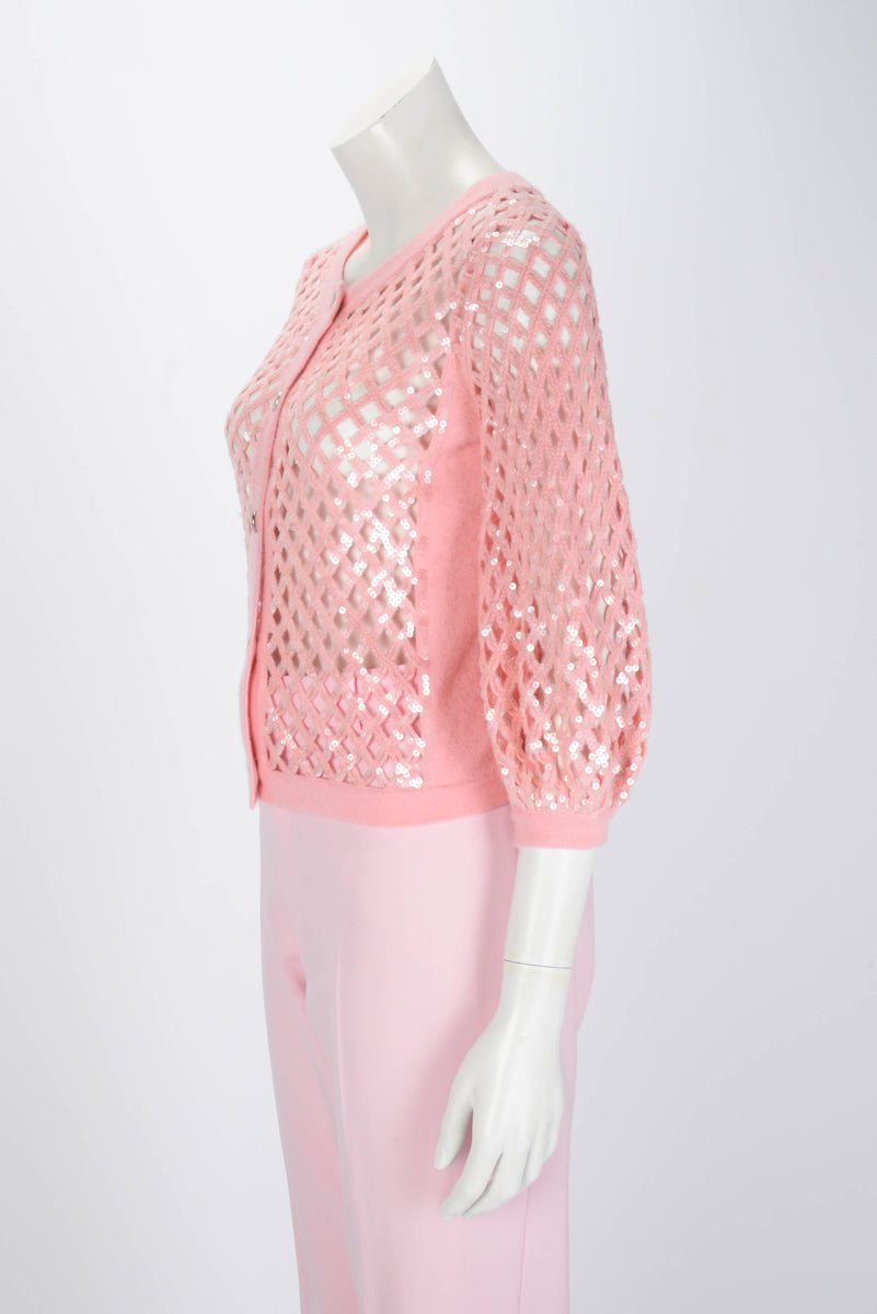 Chanel Pink Cashmere Sequin Quilt Cardigan FR 38