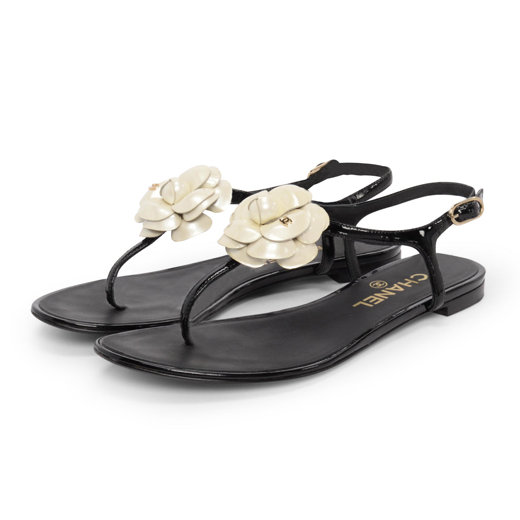 Chanel Black Patent CC Camellia Thong Sandals 37