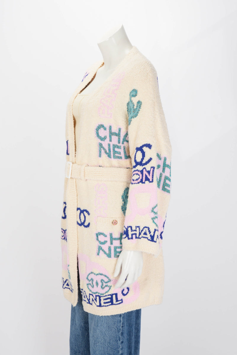 Chanel Multi Colour Cotton Logo Belted Cardigan FR 42