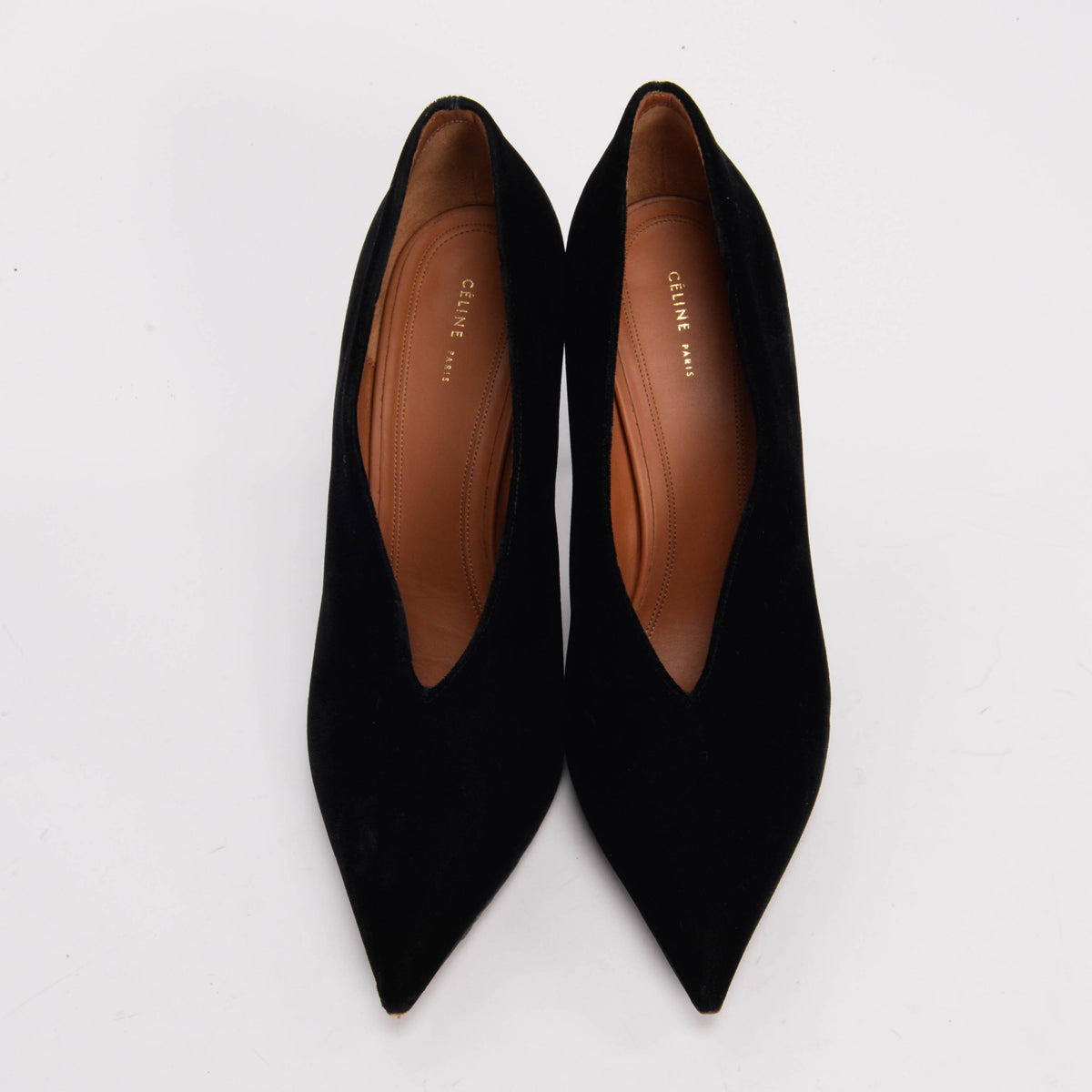 Celine Black Velvet V-Neck Pointy Pumps 39