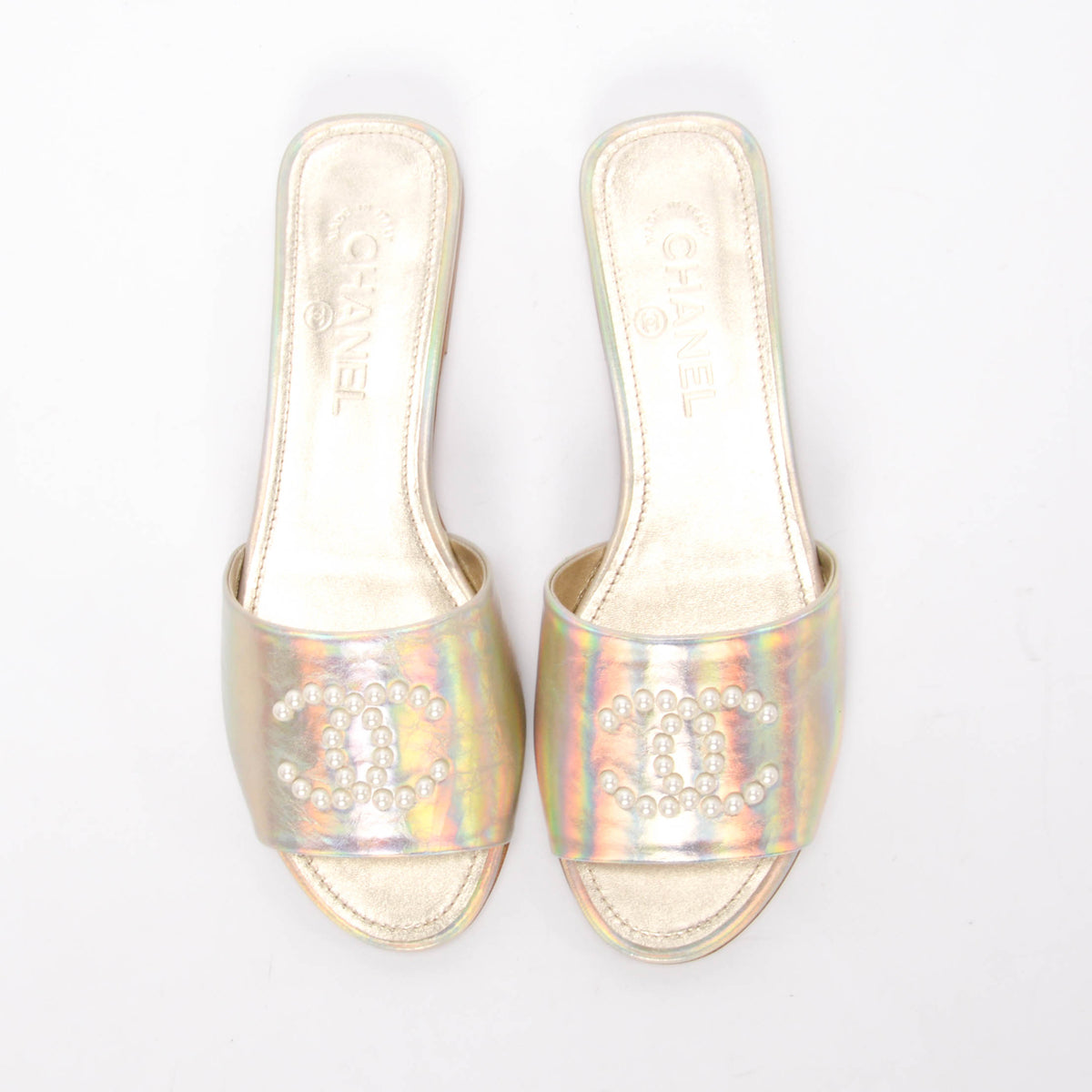 Chanel Champagne Iridescent Leather CC Pearl Slides 39