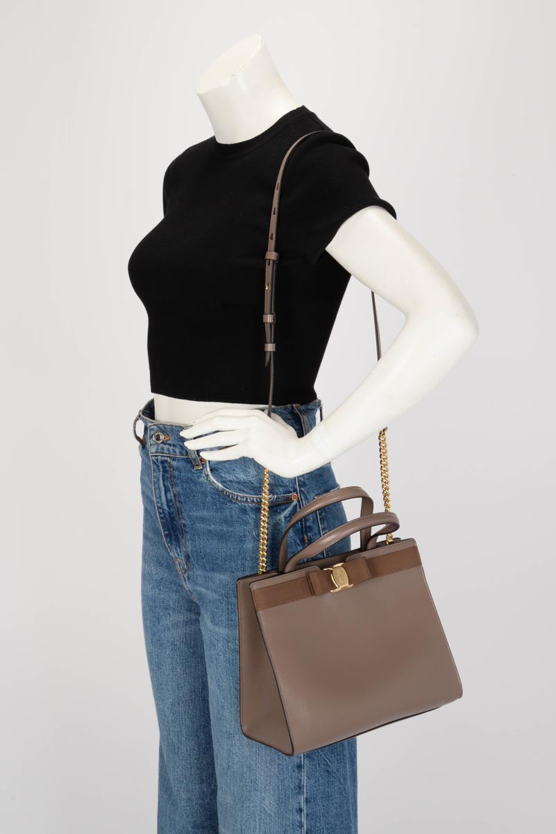 Ferragamo Taupe Calfskin Vara Bow Tote