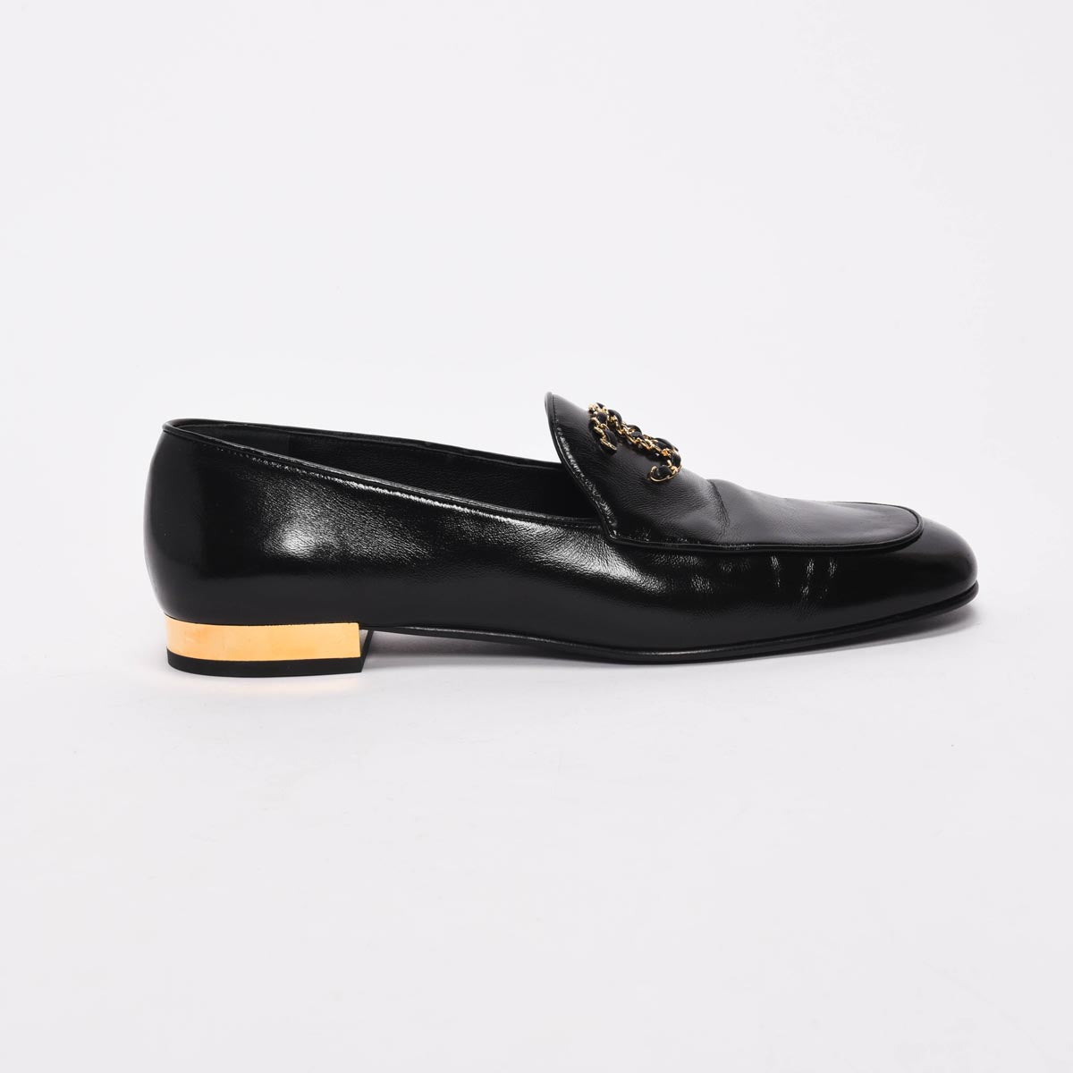Chanel Black Glazed Goatskin Chain CC Loafers 41