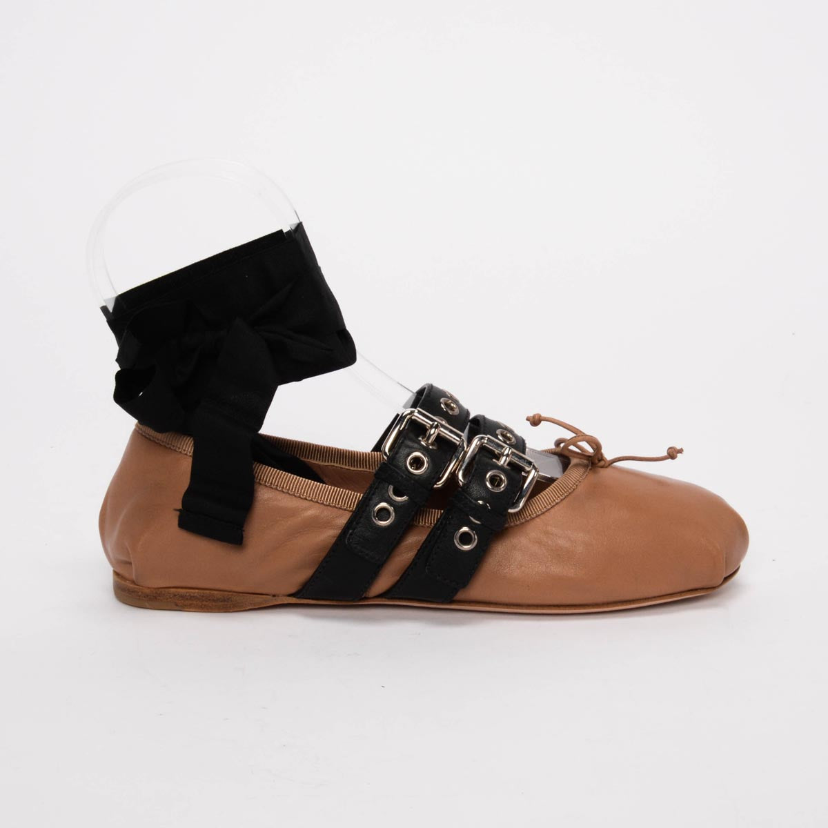 Miu Miu Nude Lambskin Ribbon Buckle Ballet Flats 37
