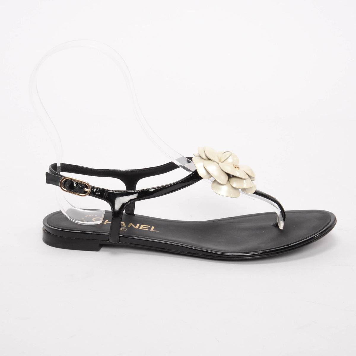 Chanel Black Patent CC Camellia Thong Sandals 37