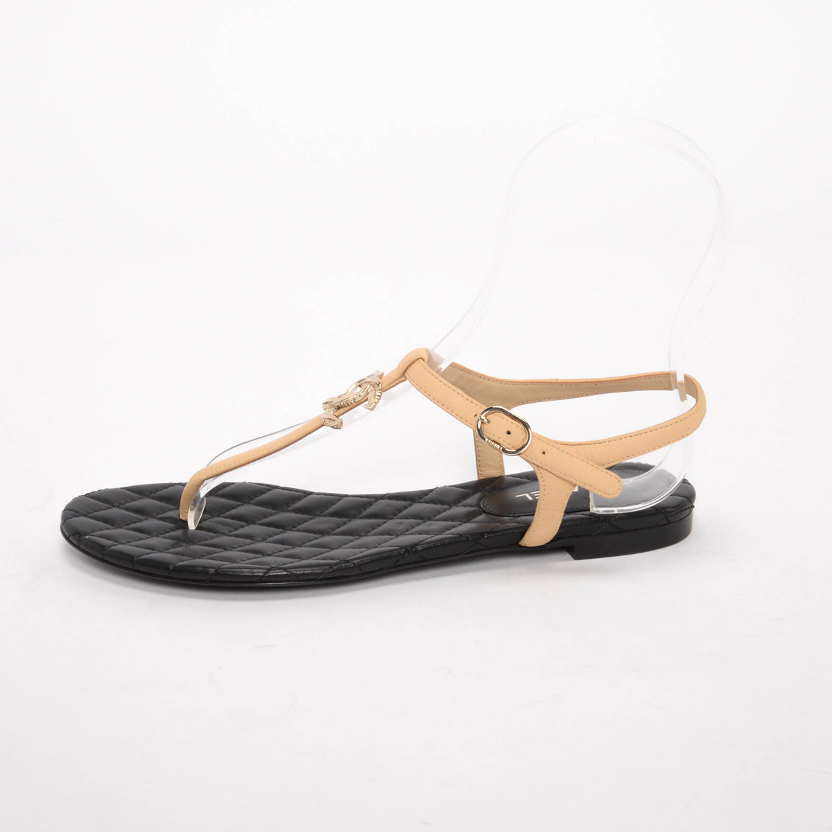 Chanel Beige & Black Lambskin CC Thong Sandals 37