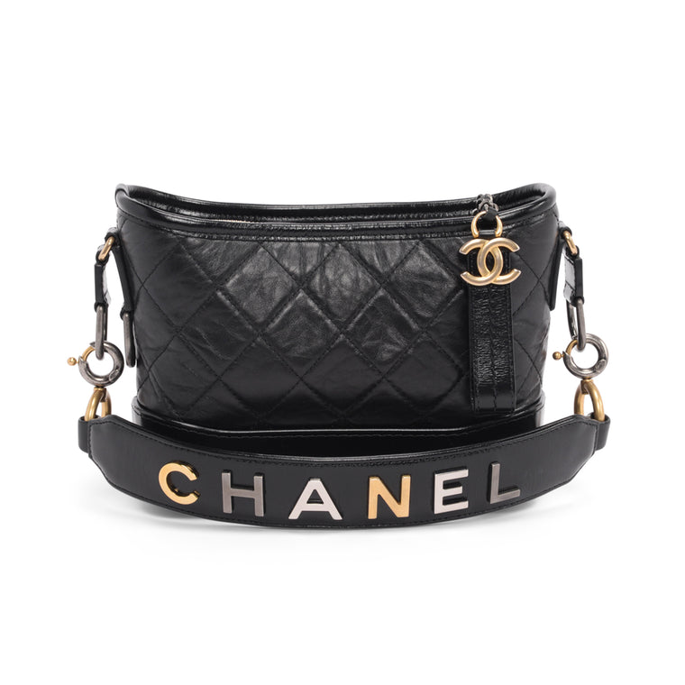 Chanel Black Aged Calfskin Bi-Colour Logo Small Gabrielle Hobo