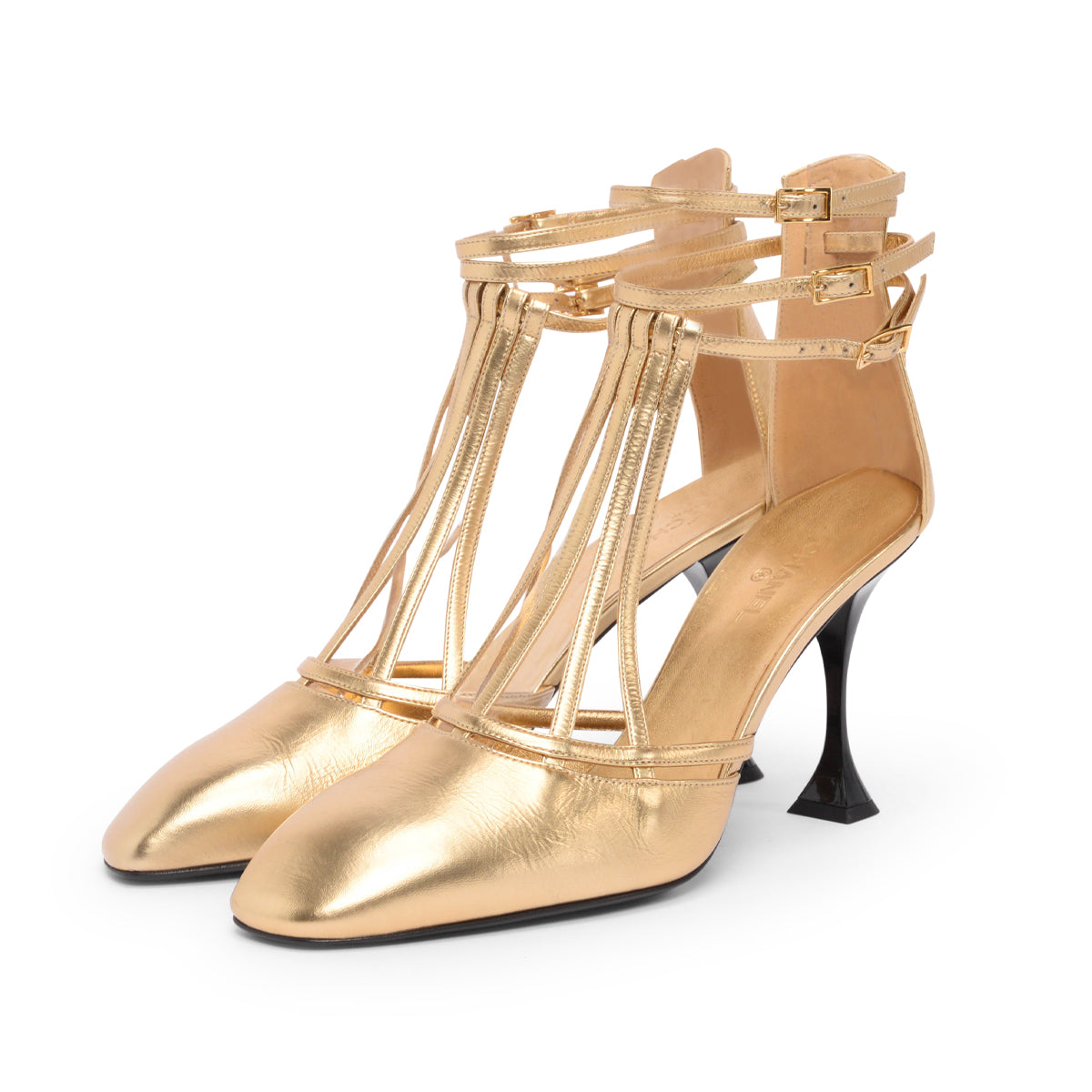 Chanel Gold Metallic Calfskin T Strap Badge Pumps 41