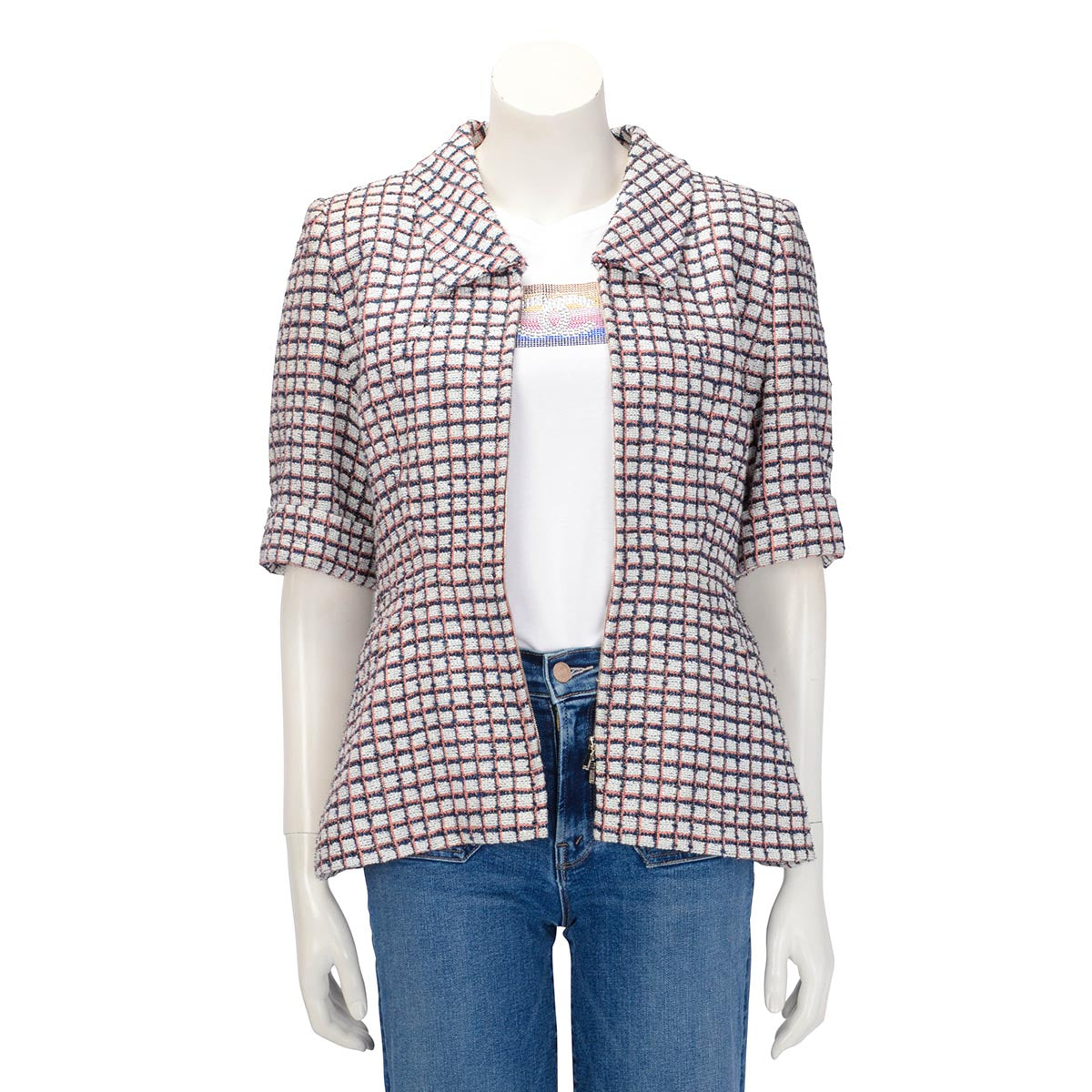 Chanel Pink & Blue Check Tweed Short Sleeve Jacket FR 40