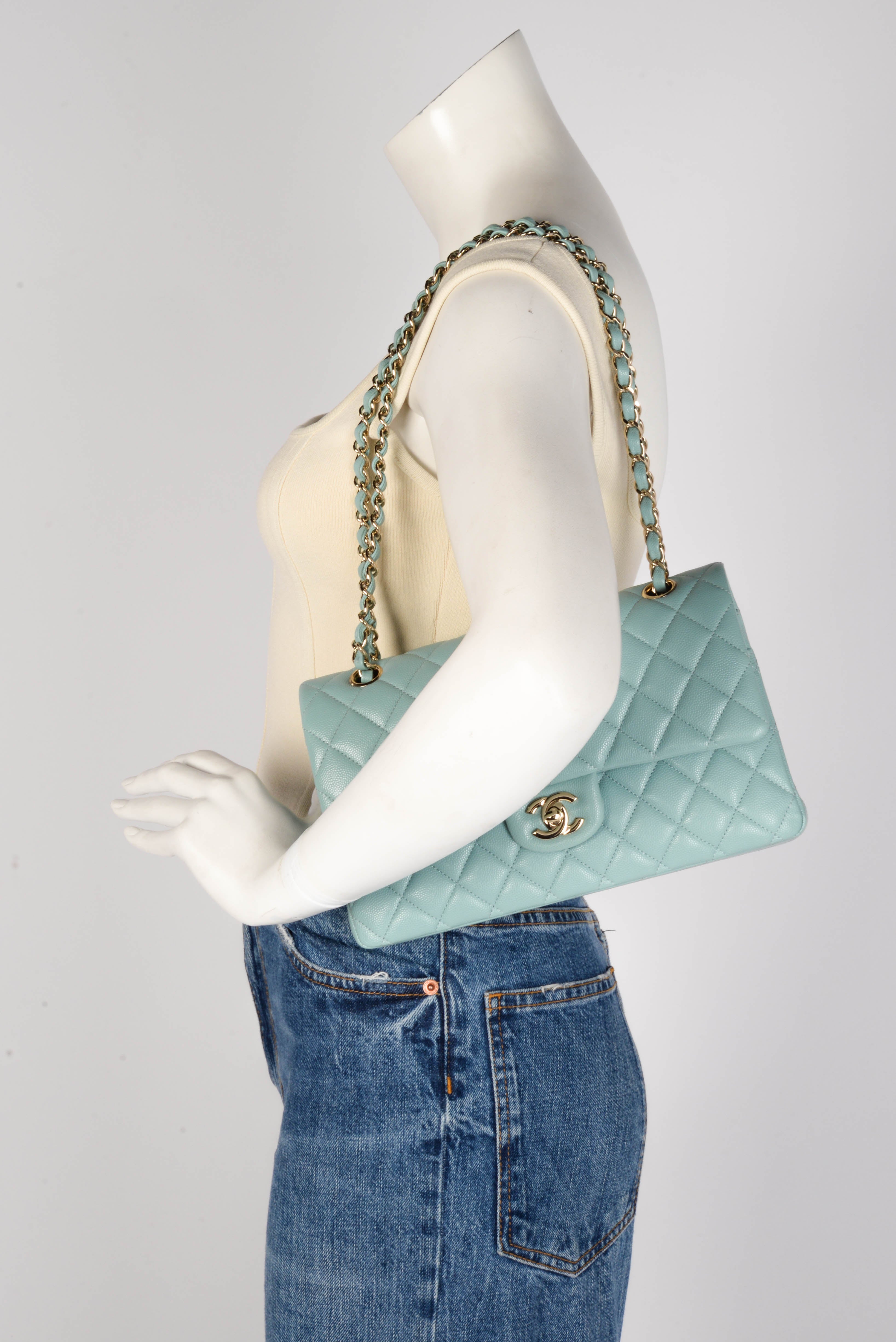 Chanel Tiffany Blue Quilted Caviar Medium Classic Flap Bag