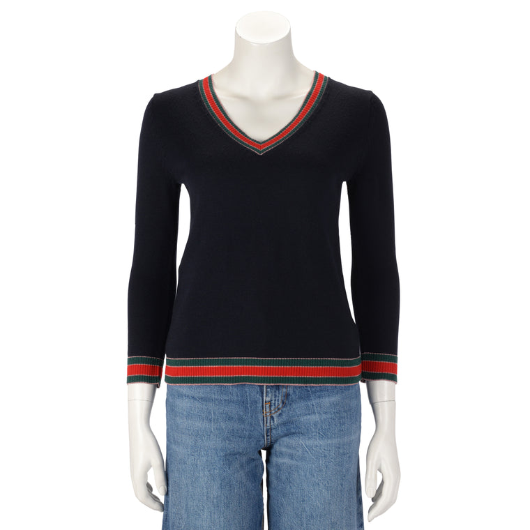 Gucci Navy Wool Web Detail Sweater S