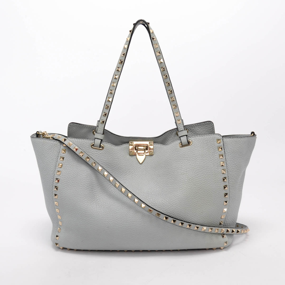 Valentino Pale Blue Grained Calfskin Medium Rockstud Trapeze Tote