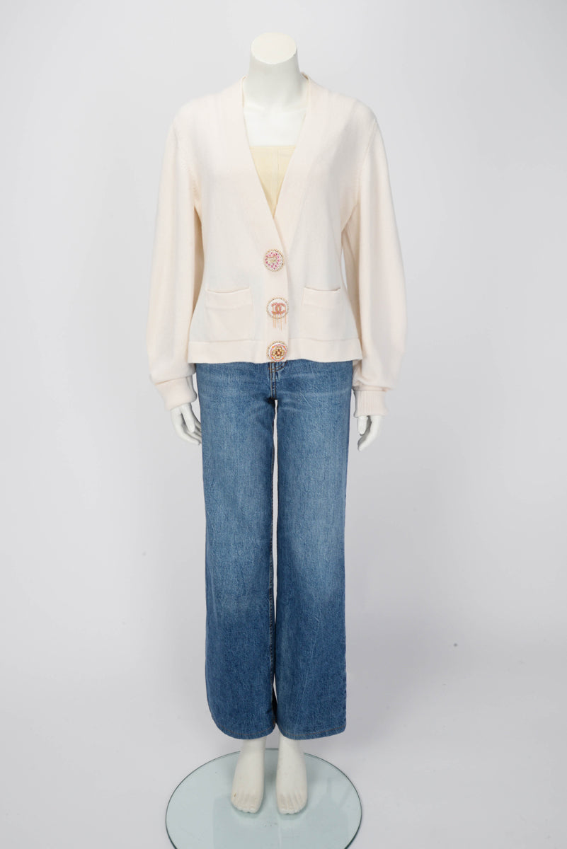 Chanel Cream Cashmere 22A Embellished Button Cardigan FR 46