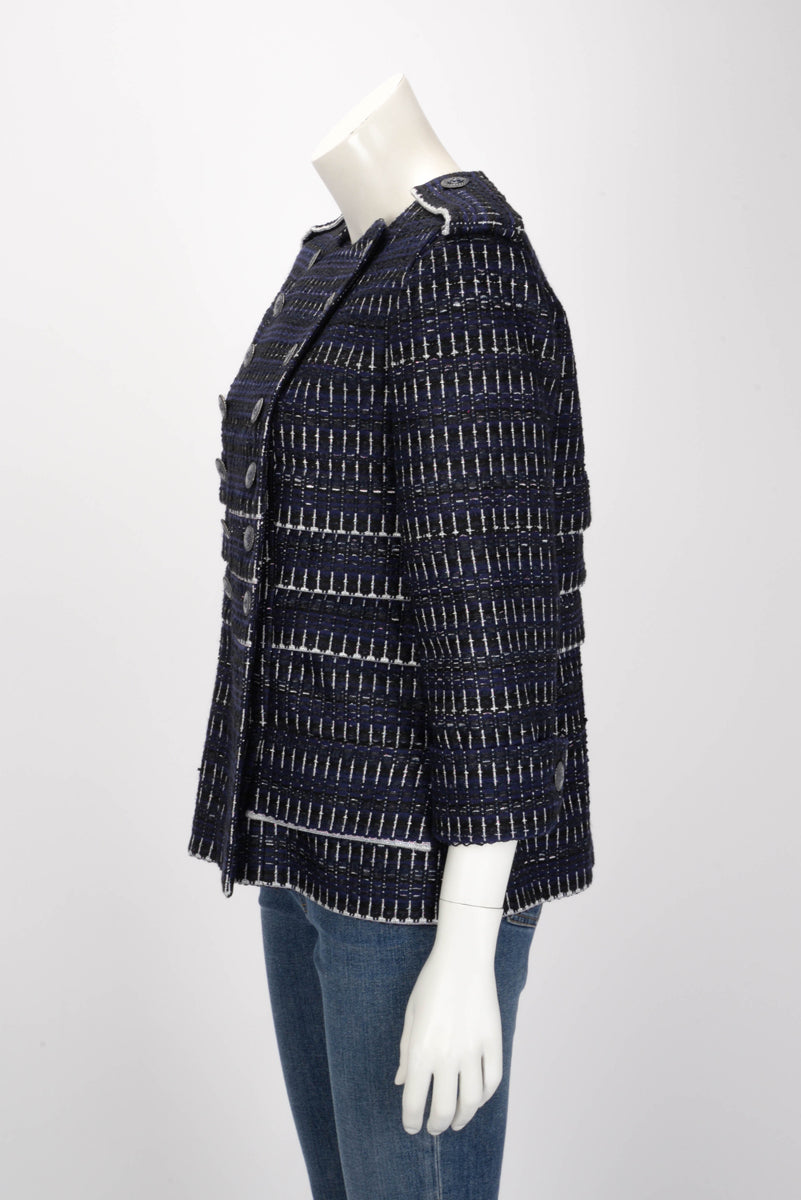 Chanel Blue & Black Striped Tweed Military Style Jacket FR 42