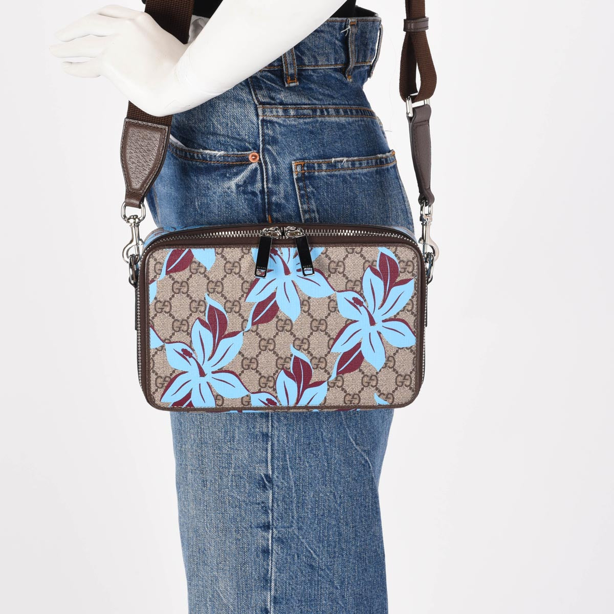 Gucci Blue Floral GG Supreme Small Shoulder Bag