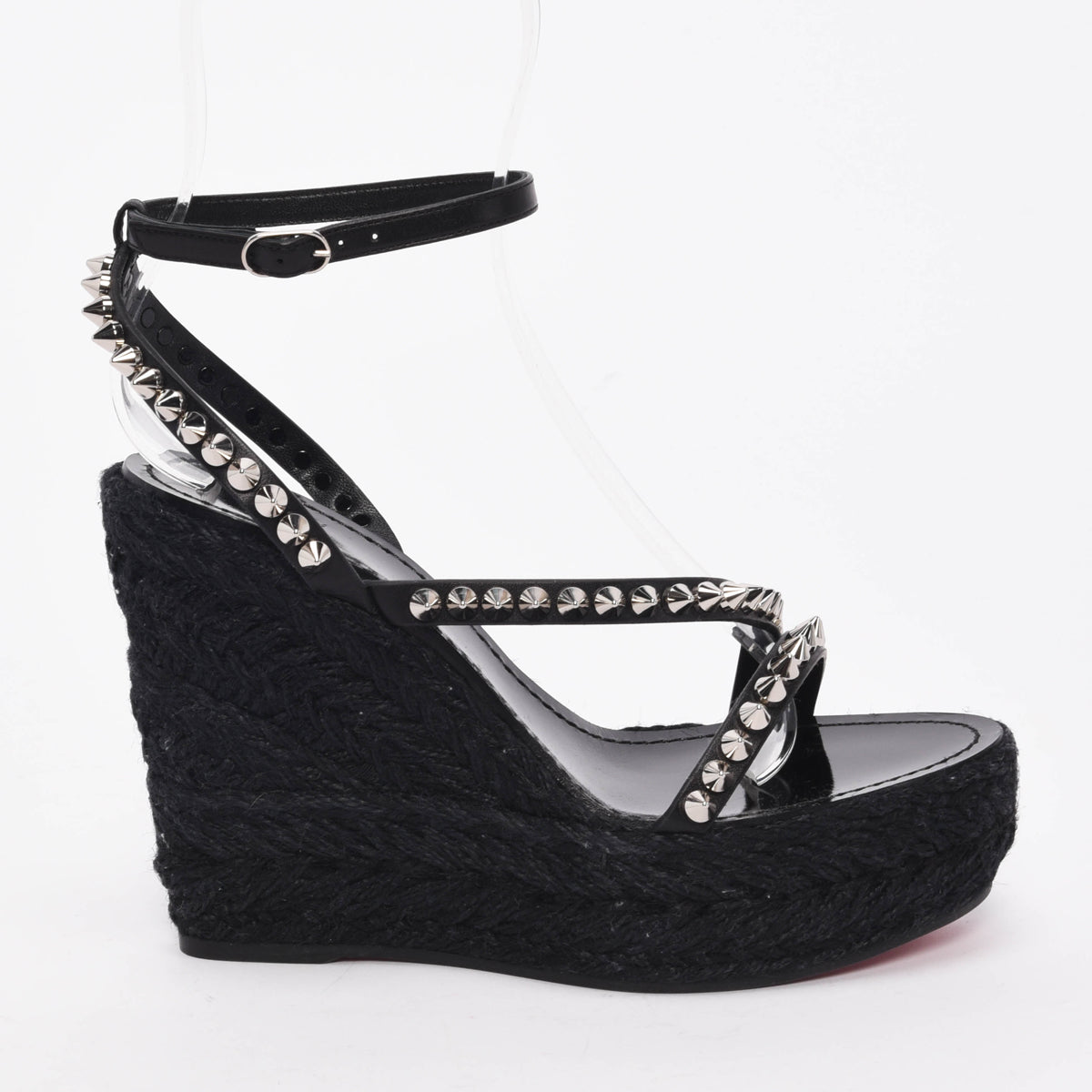 Christian Louboutin Black Raffia Mafaldina Zeppa Studded Wedges