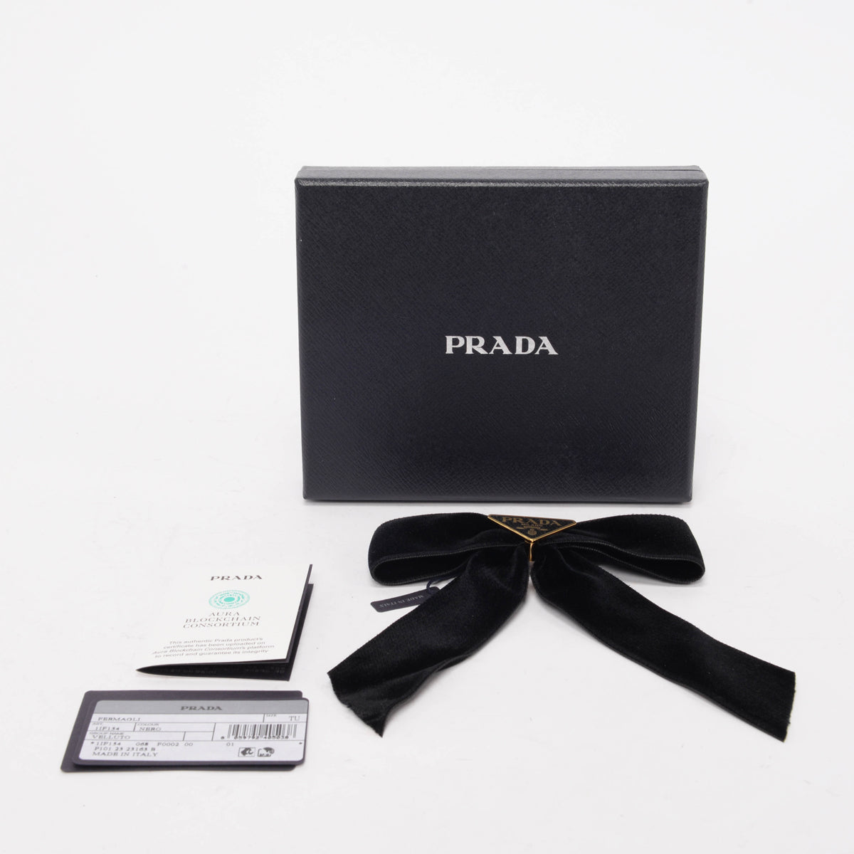 Prada Black Velvet Triangle Logo Bow Hair Clip