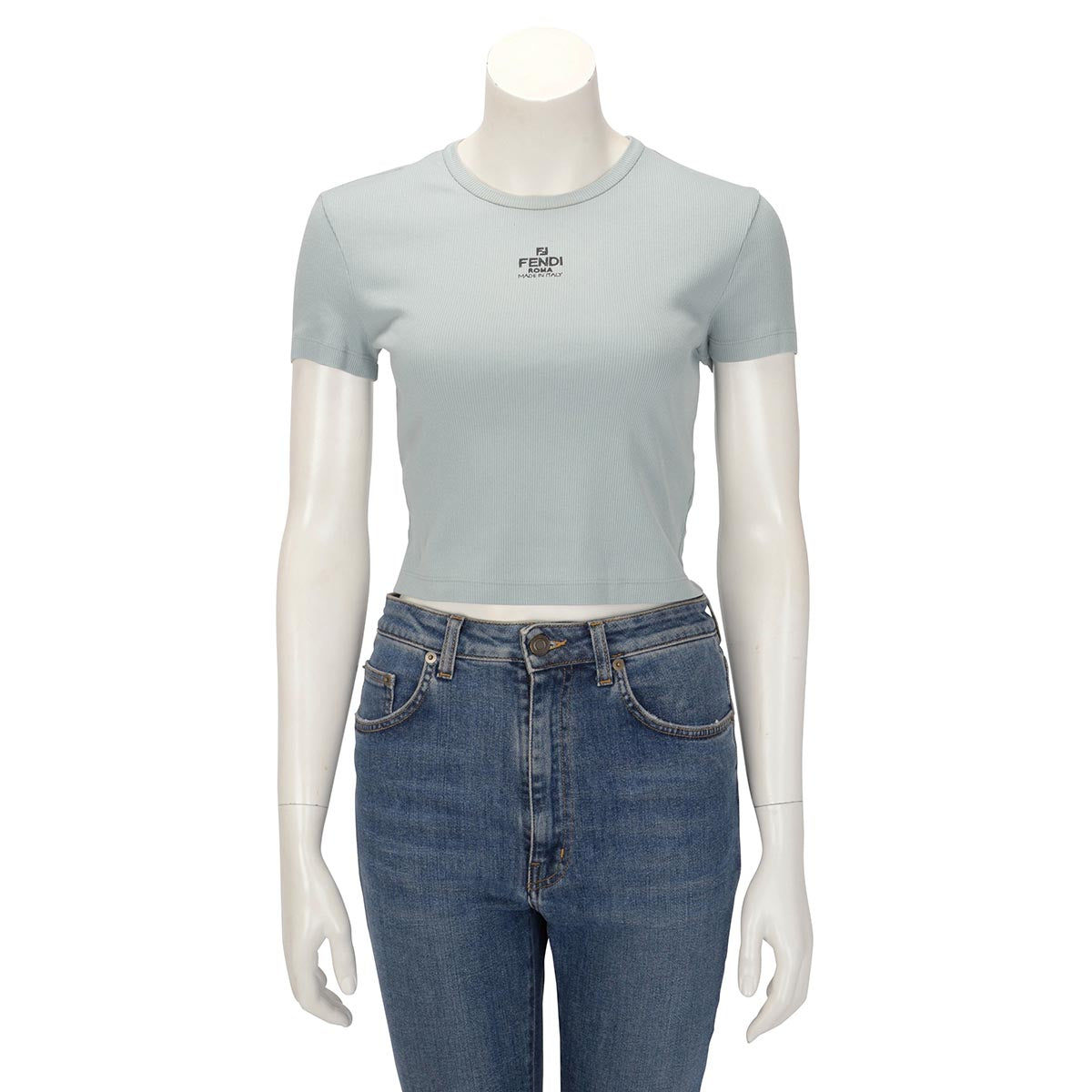 Fendi Blue Ribbed Cotton Logo Tee M