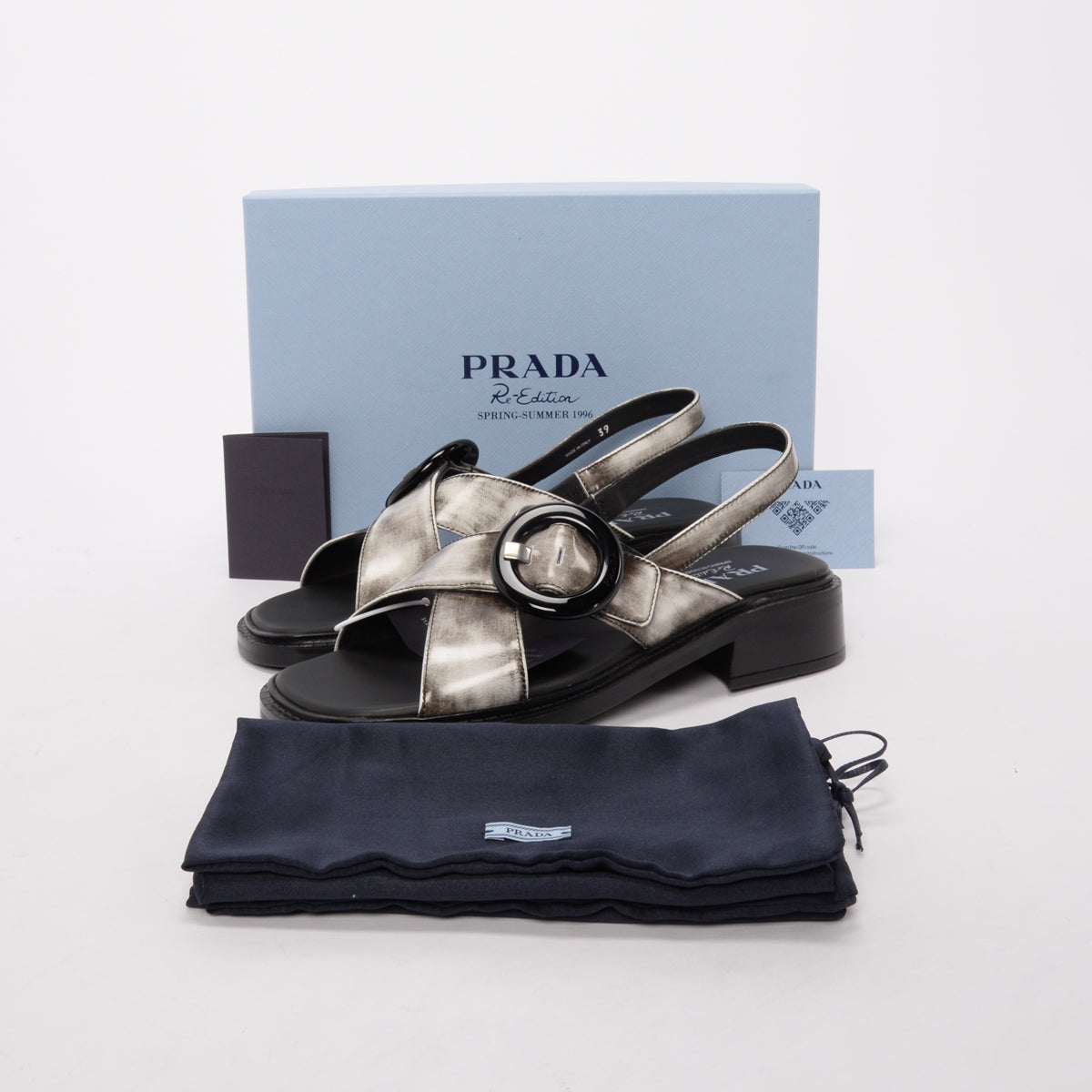 Prada White Brushed Calfskin Buckle Sandals 39