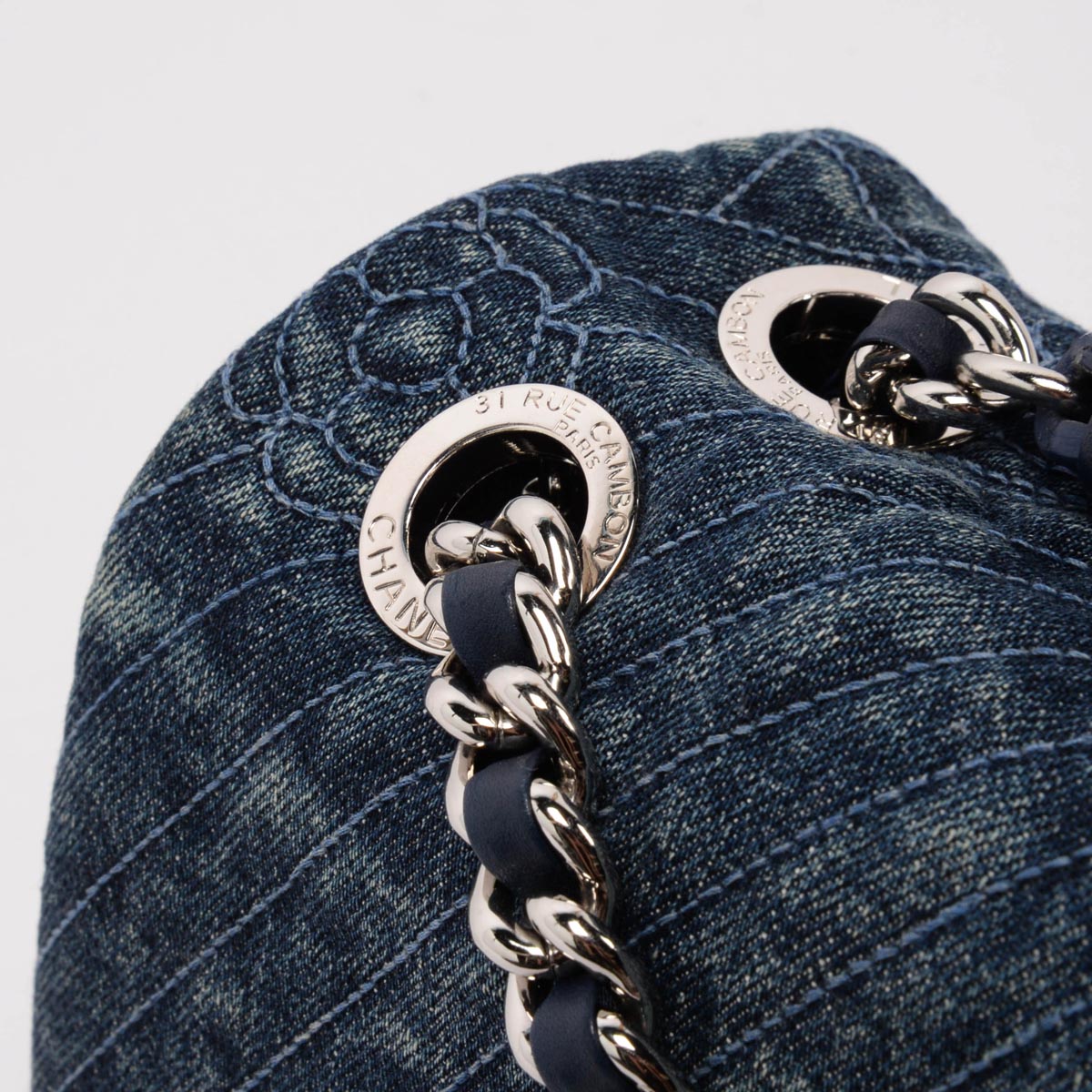 Chanel Dark Blue Denim Camellia Embroidered Large Flap Bag