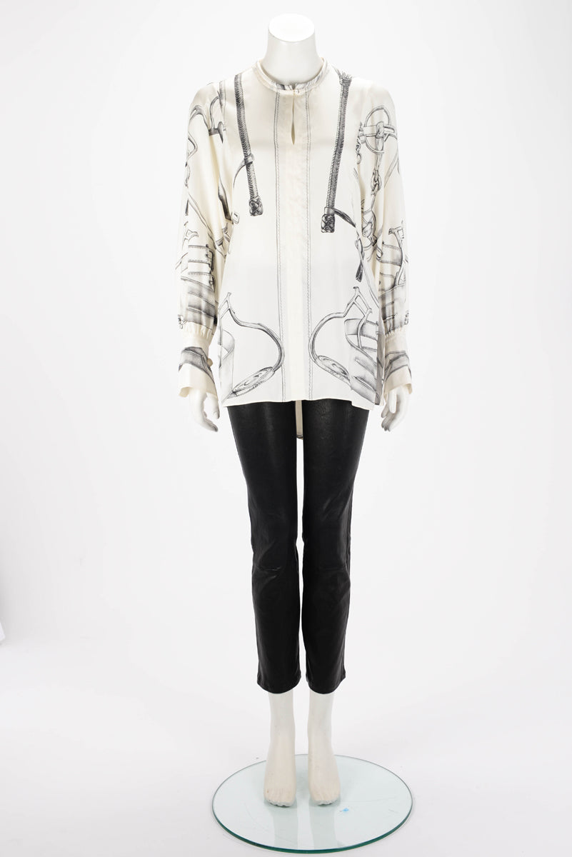 Hermes Blanc Casse Silk Project Carres Blouse FR 38