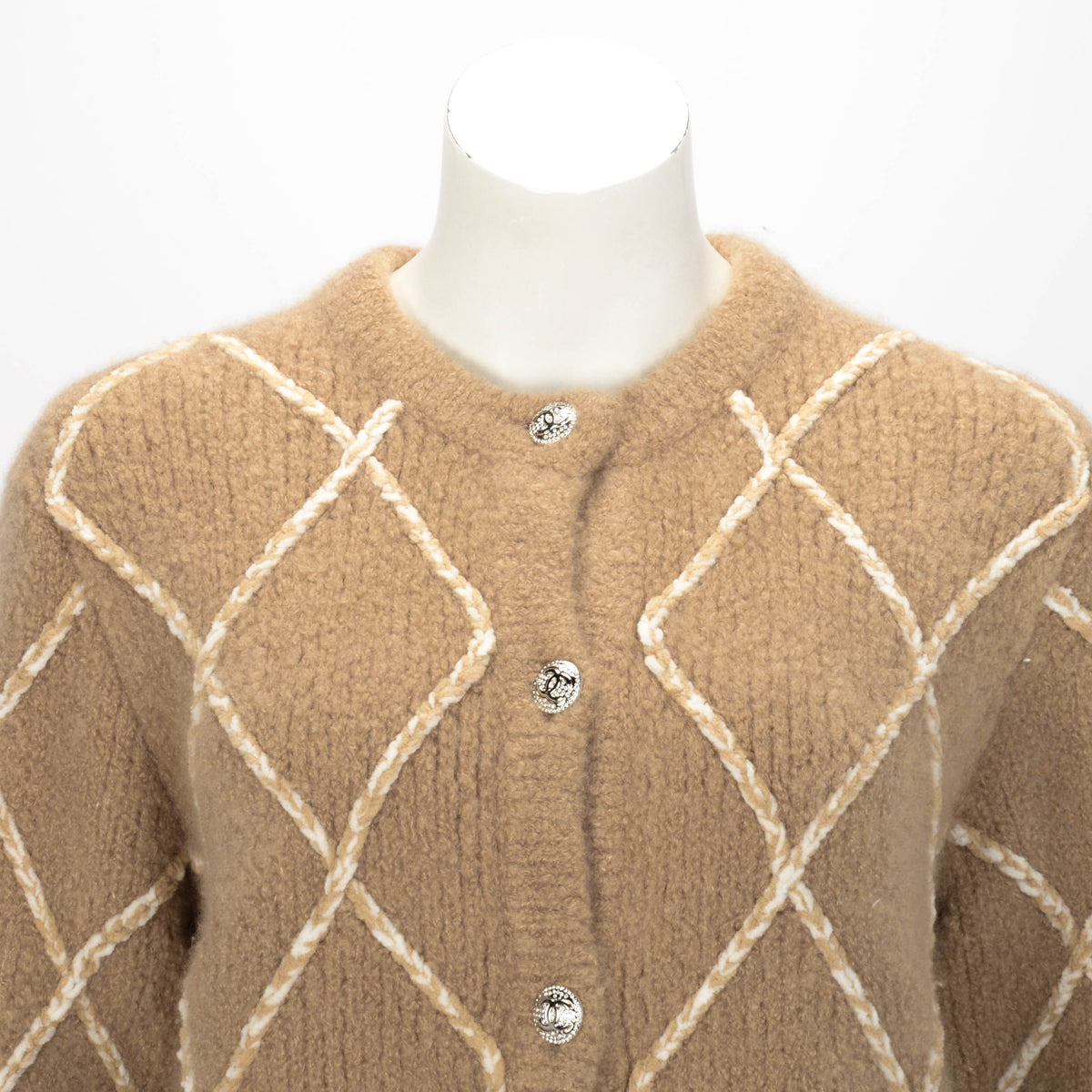 Chanel Beige Cashmere Diamond Quilted Cardigan FR 40