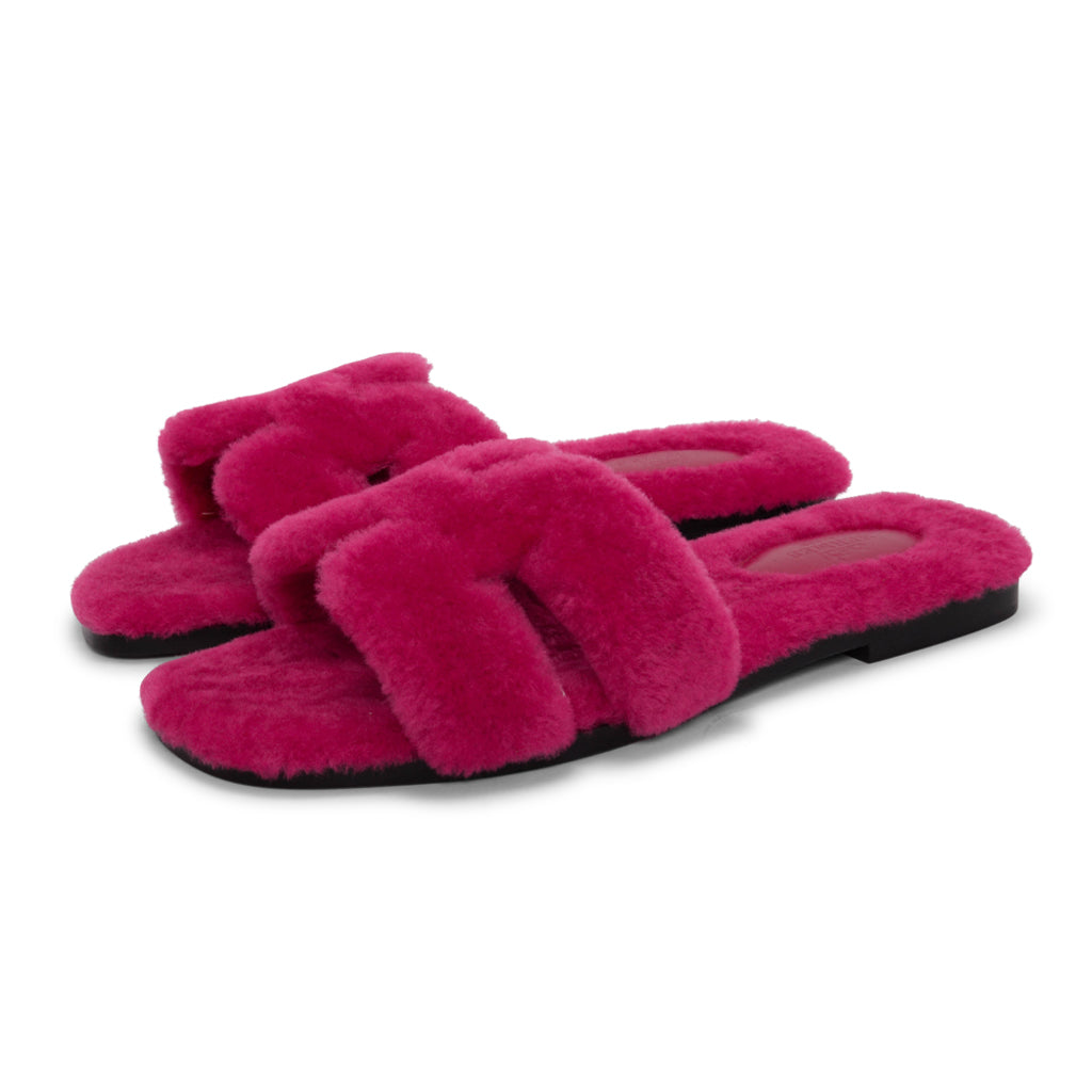 Hermes Rose Fuchsia Shearling Oran Sandals 37