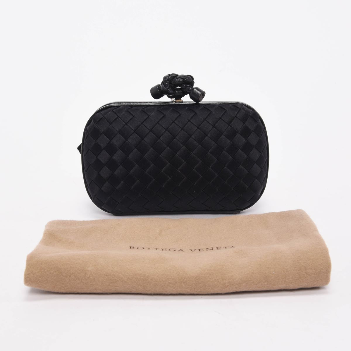 Bottega Veneta Black Satin Intrecciato Knot Clutch