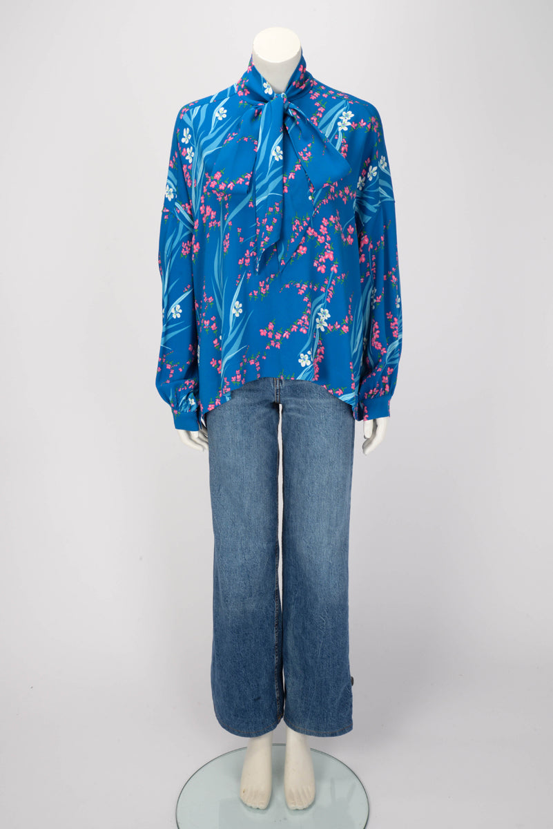 Balenciaga Blue Floral Print Neck Tie Blouse FR 38