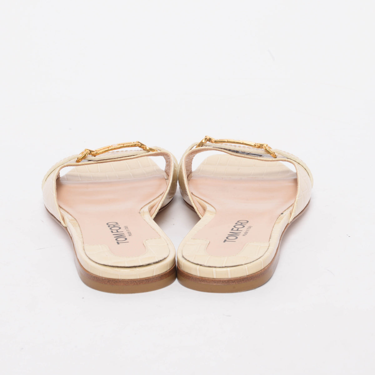 Tom Ford Beige Patent Croc Open Toe Flats 39