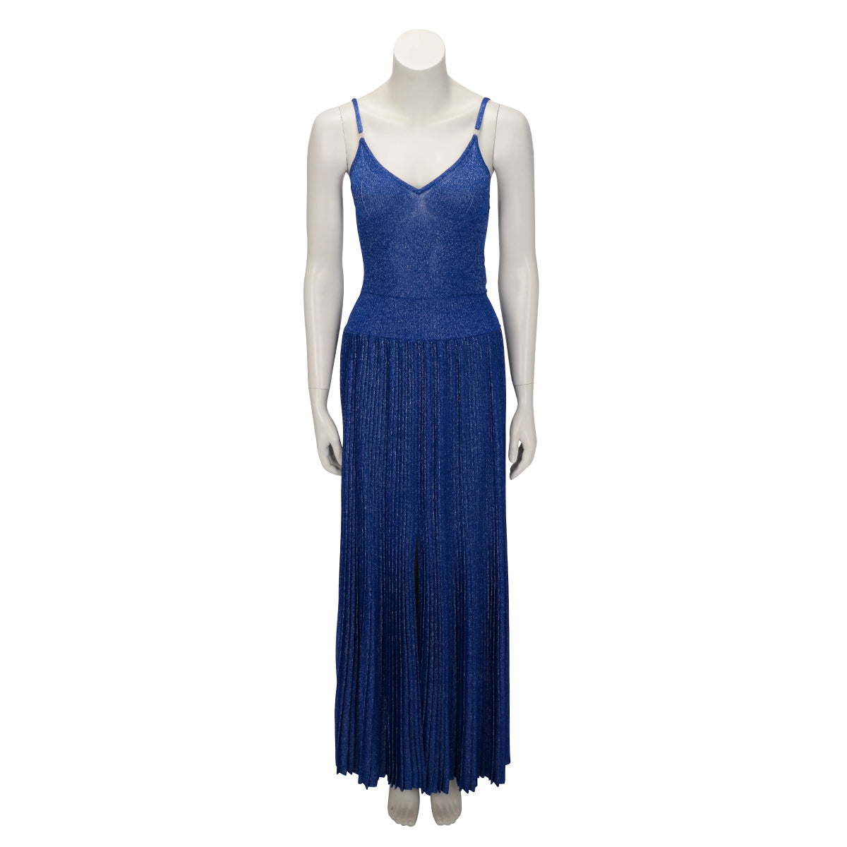 Chanel Blue Lurex Knit Pleated CC Maxi Dress FR 42