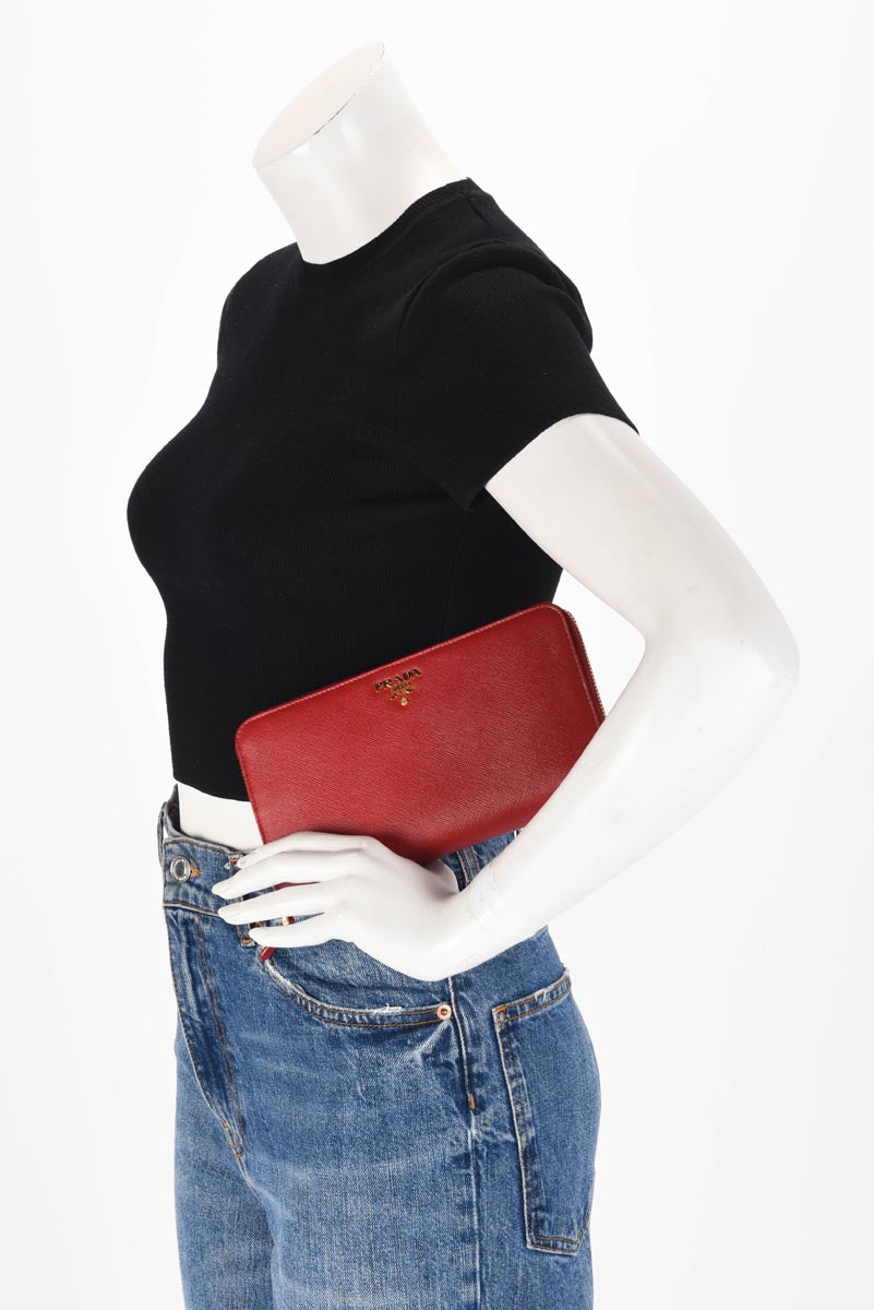 Prada Red Saffiano Zippy Long Wallet