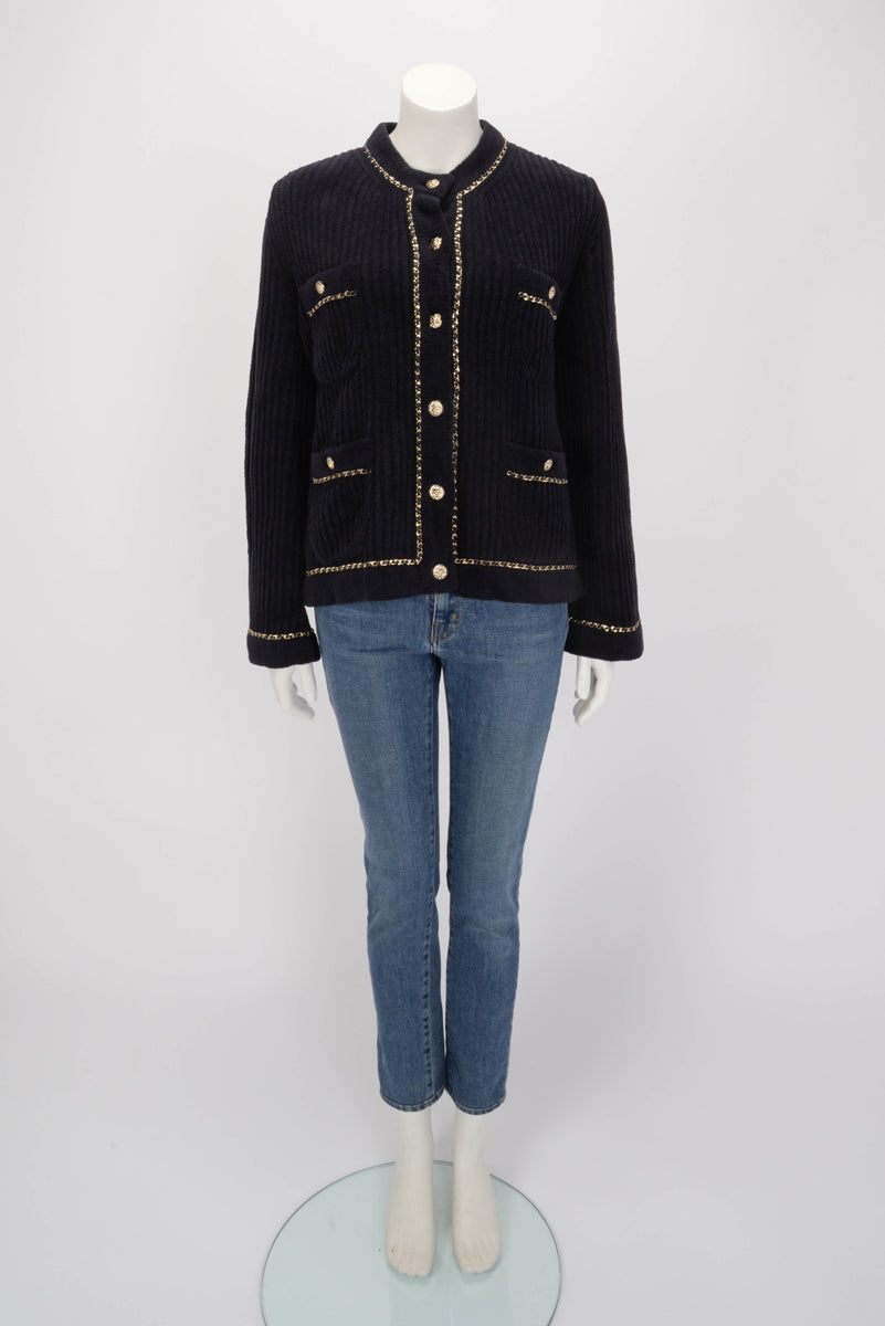 Chanel Black Chenille Chain Trim Cardigan FR 40